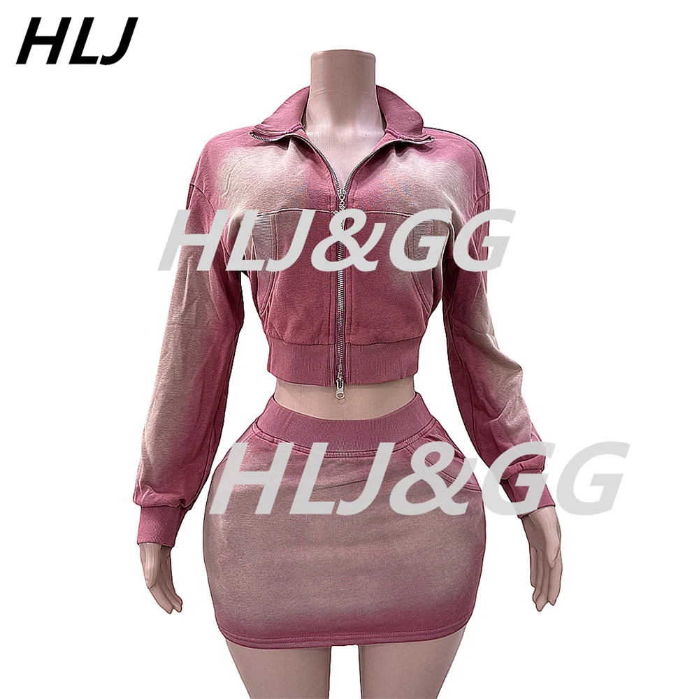 HLJ Y2K Tie Dye Printing Two Piece Sets Women Zipper Pocket Long Sleeve Crop Top And Mini Skirts Outfits Fashion 2pcs Streetwear