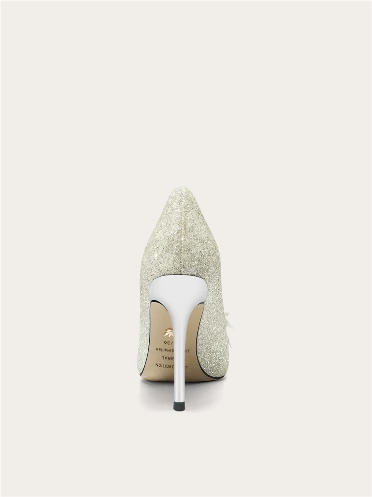 Spring New Pointed Crystal Flower Sequin Flat Wedding Shoes Banquet Large Size Small Size Widening Version High Heel Women Shoes