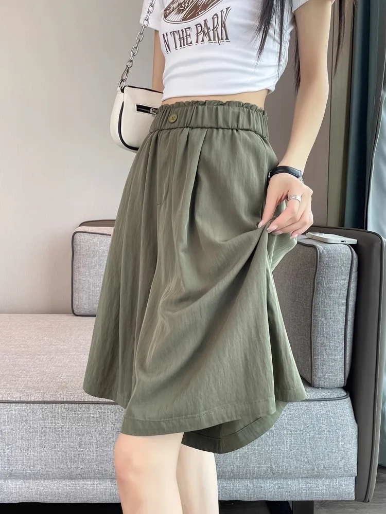 

Casual Ice Silk Quick Dry Five-Quarter Wide Leg Pants Women Summer Thin Loose High Waist Drapey Sembach Shorts Wide Leg Trousers