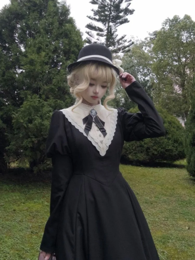 MAGOGO French Vintage Gothic Lolita Black Dress Elegant Bow Patchwork Detachable Sleeves Slim A-line Maxi Dresses for Women - Image 3