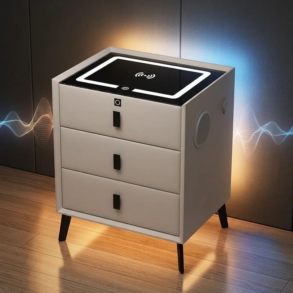 

Modern Simple Solid Bedroom Furniture Multifunctional Nightstands 3-Drawer Glass Top Wireless Charging Plug-in Fingerprint