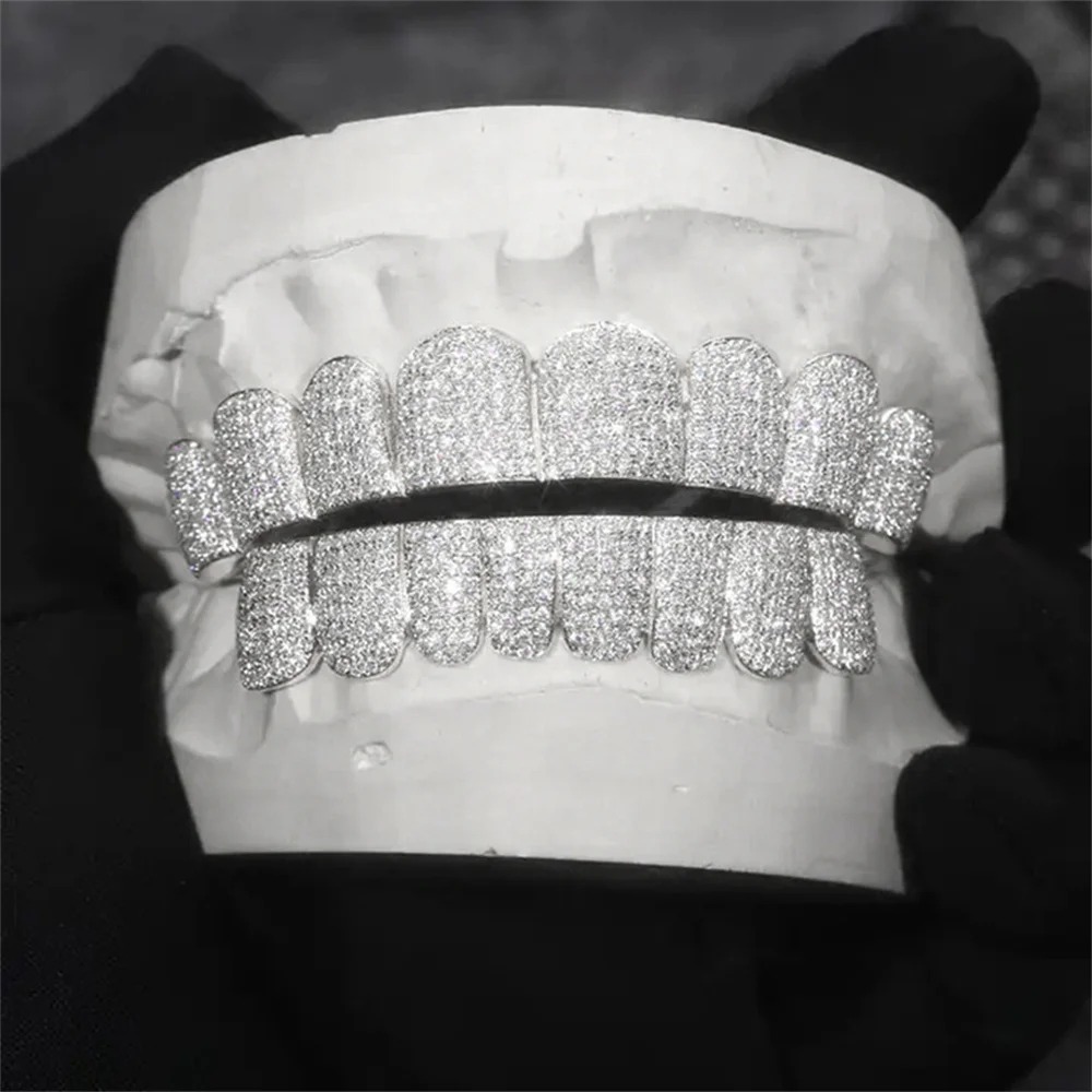 Anztilam Bling Iced Out Grillz Full Zircon Teeth Shine Grills Men Women Hip Hop Tooth Grills Caps Brass Fashion Jewelry