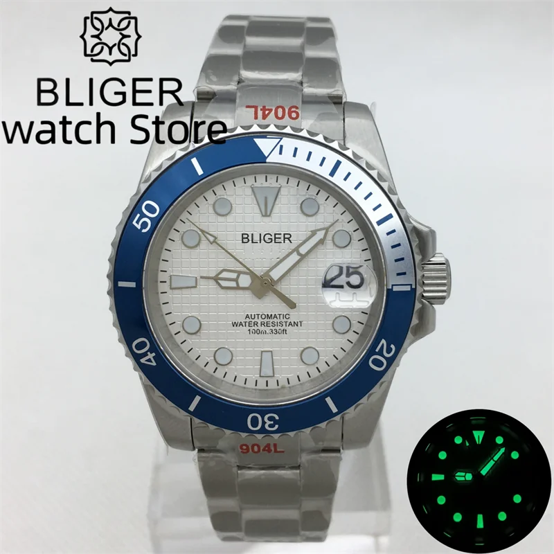 

BLIGER 40mm NH35A 10ATM Waterproof White Dial Luxury Men's Automatic Watch Silver Jubilee Oyster bracelet Titanium ceramic bezel