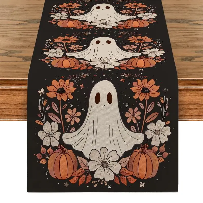 VIKAMA Halloween Table Runner Black Cute Ghost Pumpkin Floral Spooky Table Flag Gothic Trick or Treat Party Fall Harvest Dining
