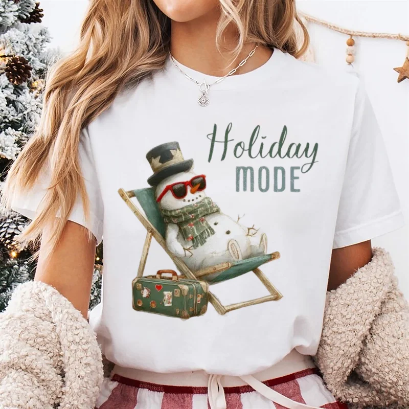 عيد الميلاد نمط كرسي الشاطئ ثلج عطلة تي شيرت مطبوع ملابس لطيف عادية المرأة متعة الجولة الرقبة تي شيرت السنة الجديدة