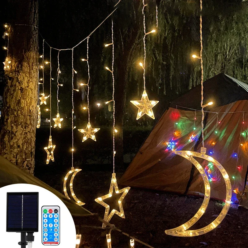 

Solar String Lights Outdoor Curtain Solar Star Moon Twinkle LED Fairy Lights for Garden Ramadan Decoration