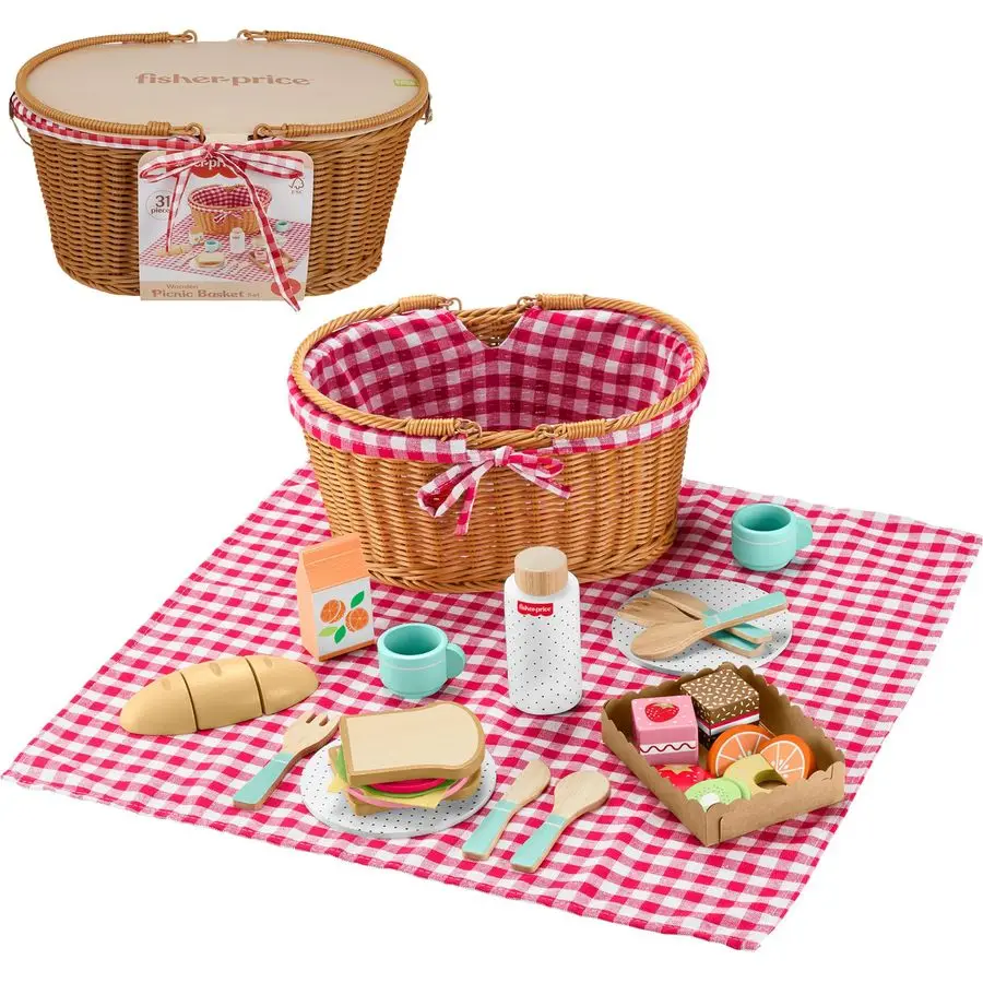 

Wood Pretend Play Toy Picnic Basket, 31Piece Wooden Food Playset for Preschool Kids Ages 3 Years