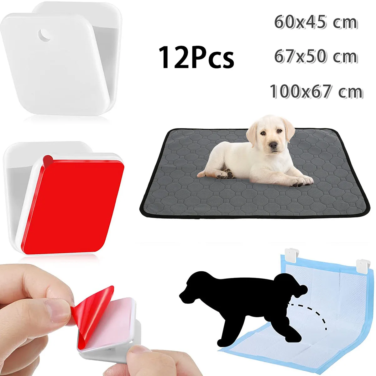 12pcs Pet Urine Mat Dog Wall Pee Pad Holder Clips Reusable Absorbent Dog Pee Pad Blanket 30Roll Dog Poop Bags Disposable