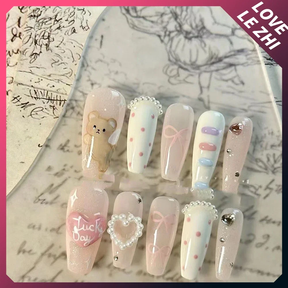 Beautiful French 10Pcs Fashion Nail Cartoon Zoon Kawaii A Young Girl\'s Heart Repeated Use False Nails Gifts Festival Gifts