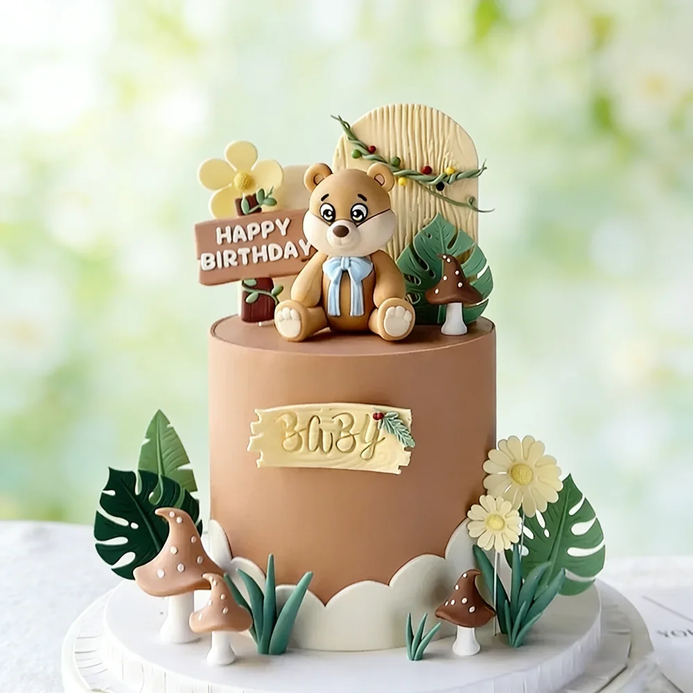 Waschbär-Tierkuchen-Topper-Set mit rosa Schleife, Wald-Thema, 3 Farben, niedliche Tiere für Babyparty, Kindergeburtstag, Partydeko
