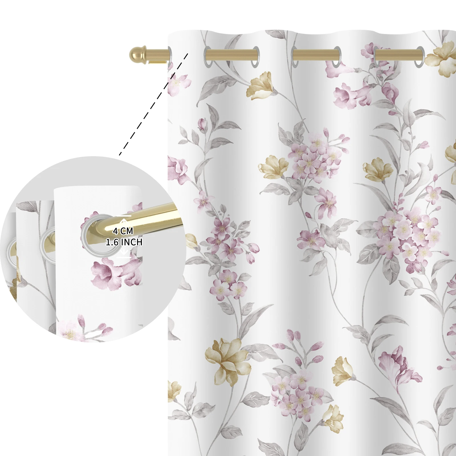 Elegant Pink Floral Grommet Blackout Curtains 2 Panels, Watercolor Gold Flower Print Thermal Insulated Drapes for Bedroon Decor