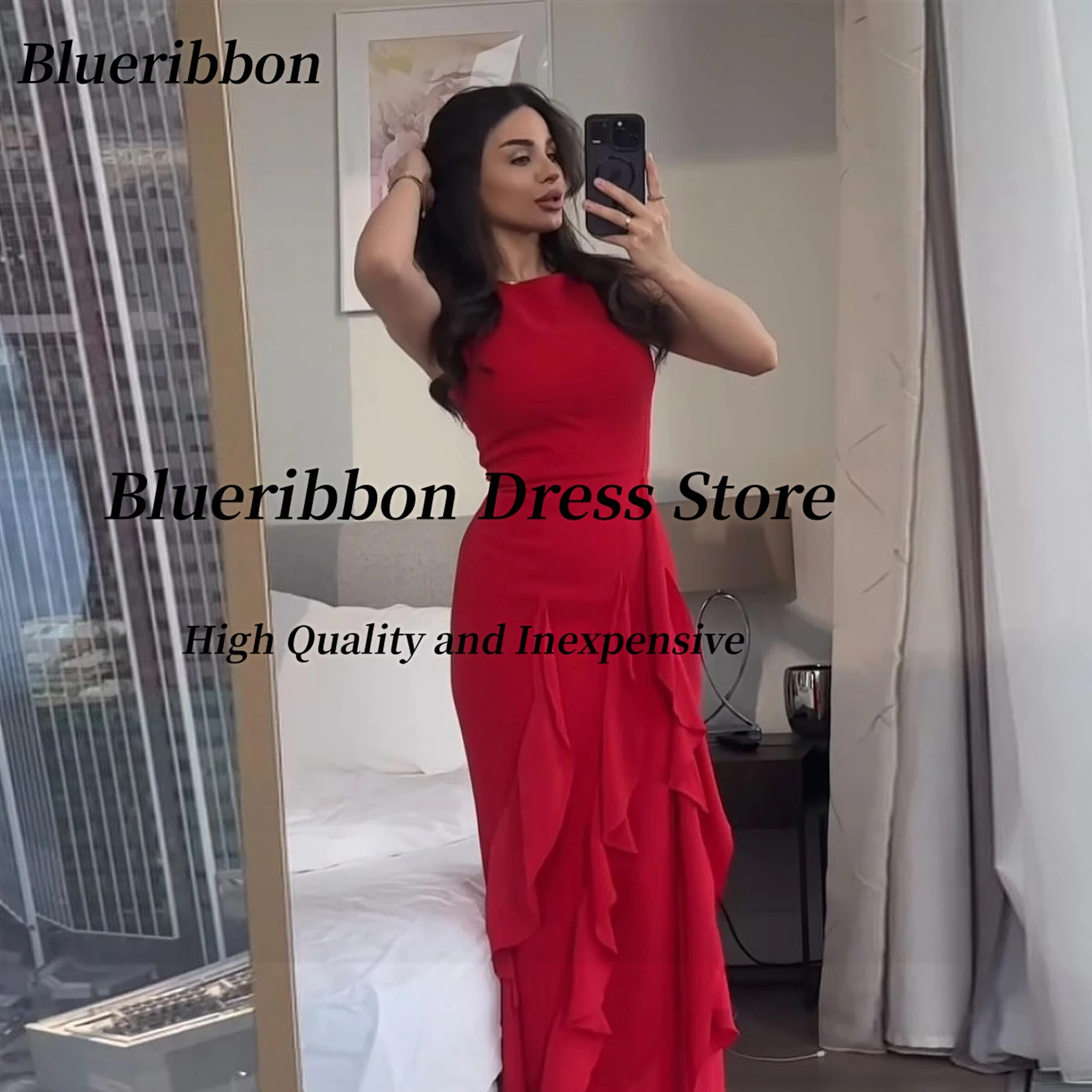 Blueribbon-Vestidos femininos sem mangas com o pescoço, vestidos longos de baile, babados, costas com zíper, festa de aniversário, vestido formal, elegante