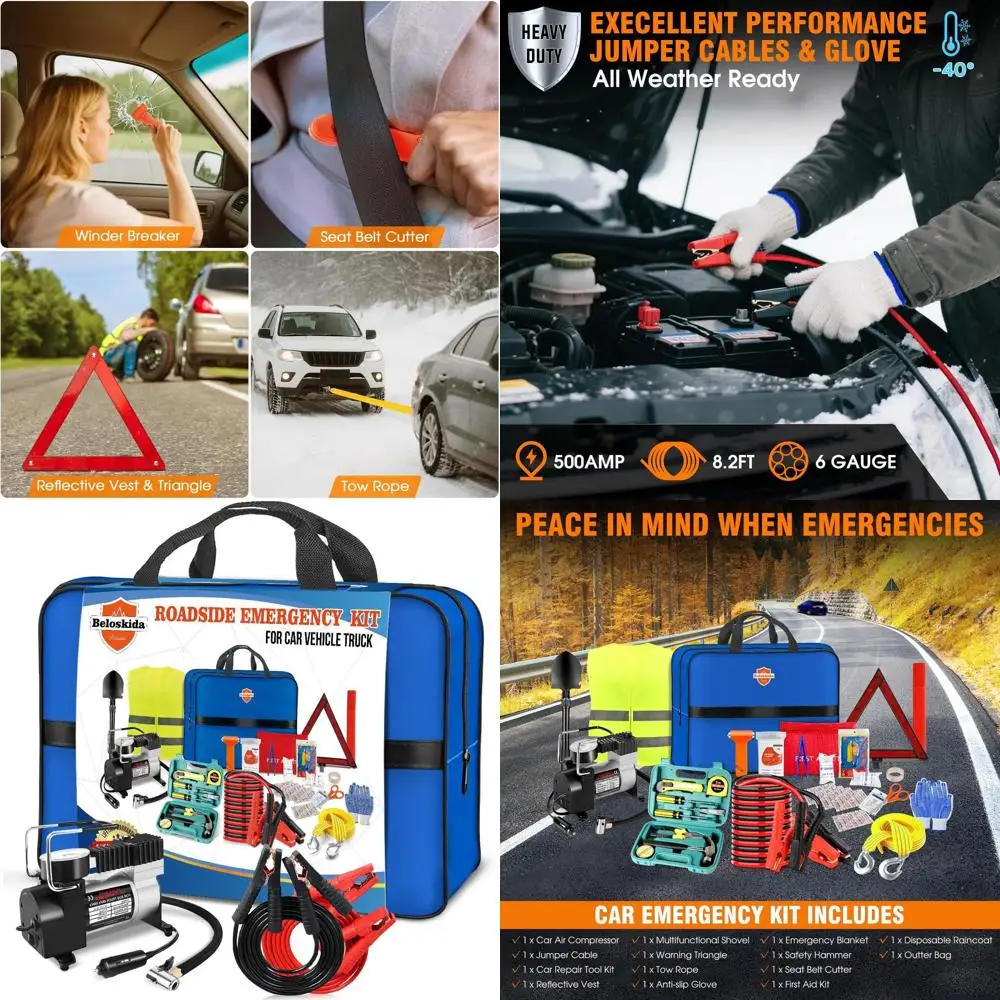 

Emergency Car Kit,Roadside Emergency Tool Kit for Vehicle Truck with Air Compressor Jumper Cable First Aid Kit,Winter Auto Road