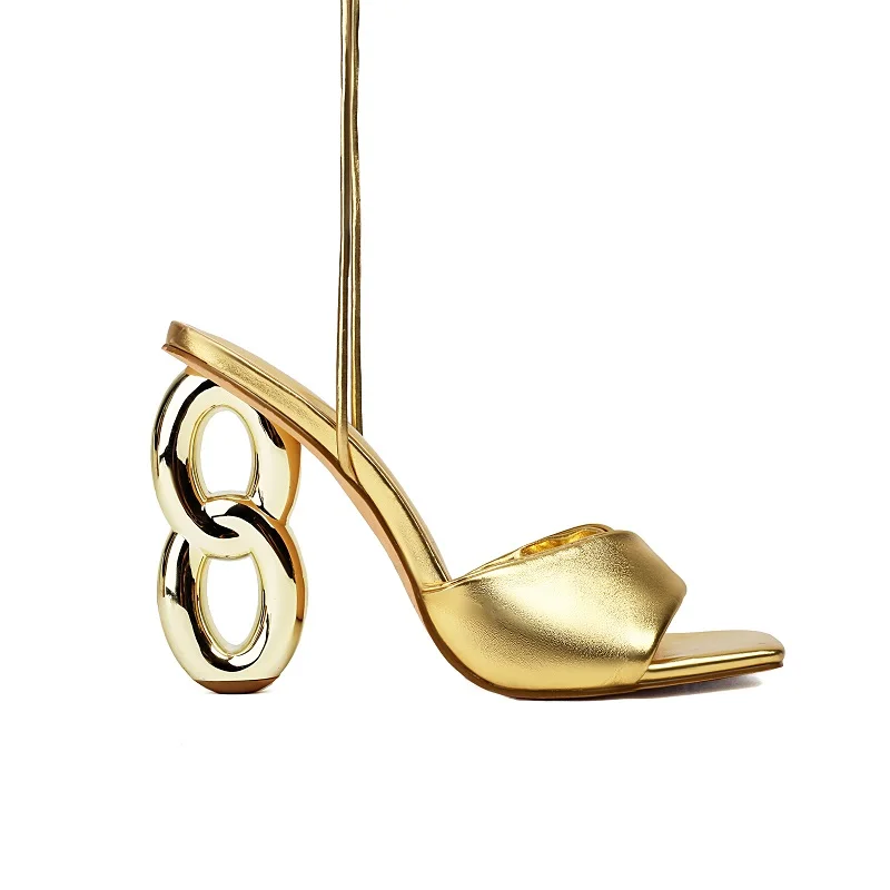 أحذية امرأة صنادل ضيقة النطاق صنادل الصيف غريبة عالية الكعب الصليب تعادل أنيقة المرأة حفل زفاف الذهب مضخات حجم 43 #2