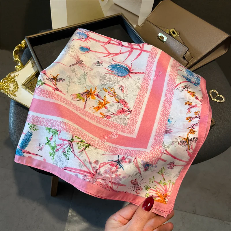 70*70cm Luxury Floral Square Scarf For Women Elegant Ladies Hijab Neckerchief Shawl Solid Soft Stain Silk Scarves For Travel image 3