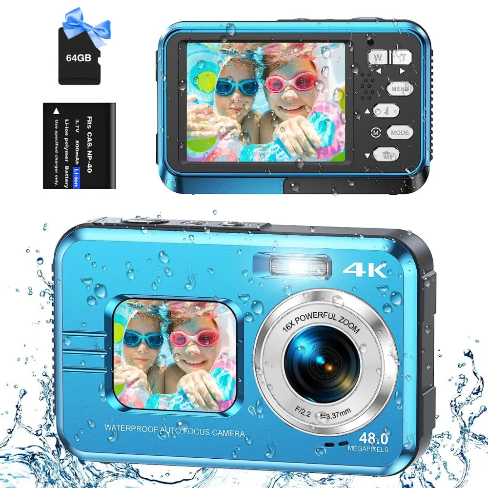 Câmera subaquática 4k, câmera à prova d'água de 11 pés com cartão de 64gb, 48mp, autofoco, tela dupla, selfie, câmera subaquática para mergulho com snorkel