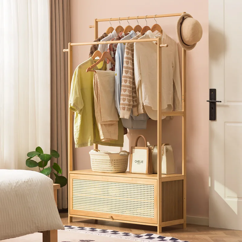 Large bamboo hat rack and shoe rack integrated, floor standing hanger, vintage style clothing storage cabinet, jacket rack