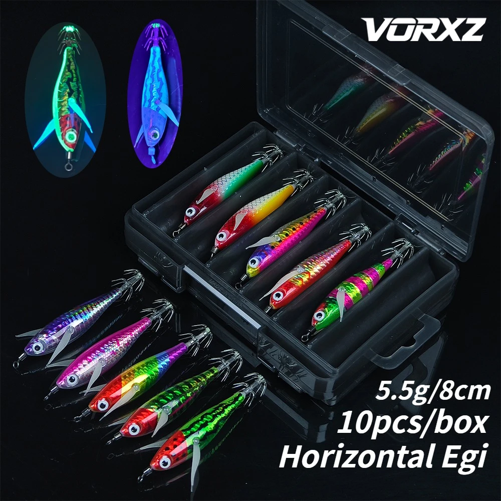10 pièces/boîte Kit de pêche horizontal Egi, leurres en bois pour crevettes et calmars, jigs horizontaux pour calmars, jigs pour calmars pastèque, leurres pour seiches