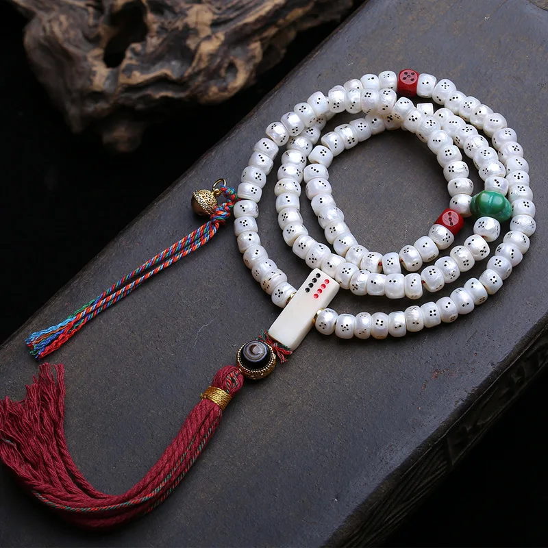Old Pearl 108 Buddhist Prayer Carved Dice Bone Three-Way Agate Dzi Beads Material Accessories