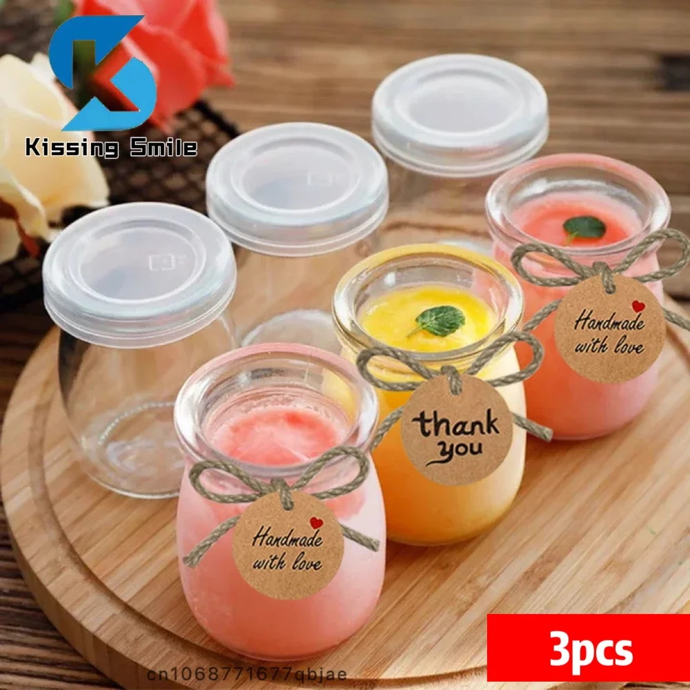 100ml 3pcs Pudding Jars Yogurt Food Storage Containers Dessert Cups Glass Set Party Favours Small Bottles with Lid Packaging