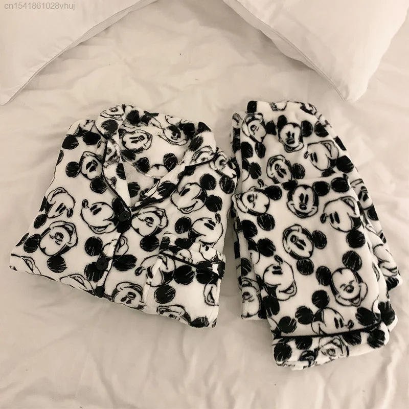 Disney Mickey Mouse Coral Velvet Sleeping Pajamas Winter Warm Plush Flannel Cardigan Home Wear Two-piece Set Female Korean Style