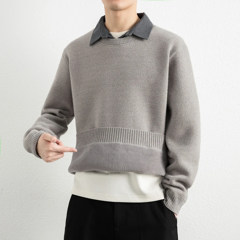 

Мужской вязаный свитер с флисовой подкладкой, утепленный, зимний, повседневный, комфортный, свободного кроя, с длинными рукавами, модный цветной топ