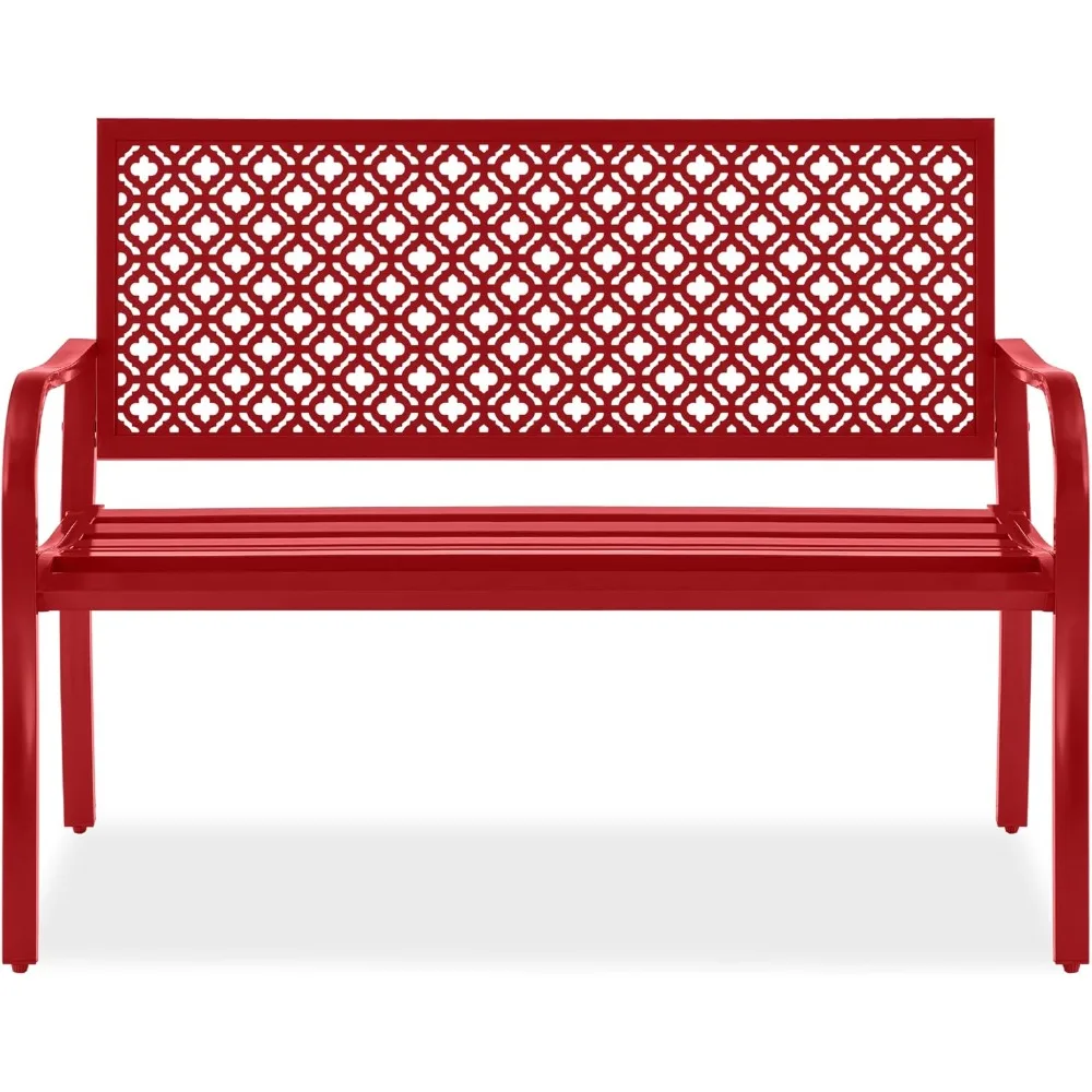 

Outdoor Bench 2-Person Metal Steel Benches Furniture for Garden, Patio, Porch, Entryway w/Geometric Backrest