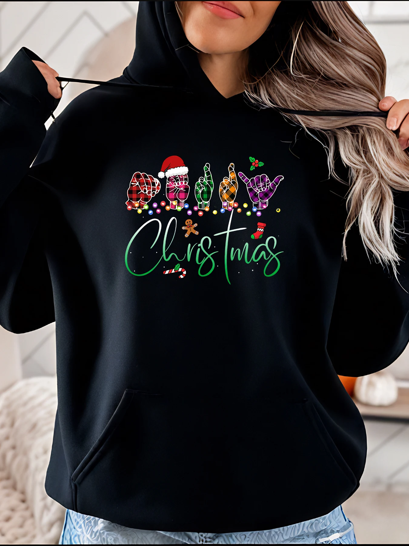 

Christmas Hoodie Plaid Sign Language Christmas Tree Pattern Women's Casual Winter Sweatshirt Holiday Gift for Women