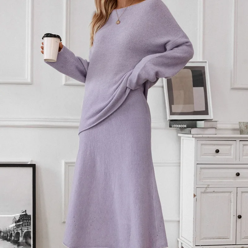 

2026 New Lazy Style Loose Top with Matching Long Skirt for Women | Round Neck Knit Sweater with Off-Shoulder Design