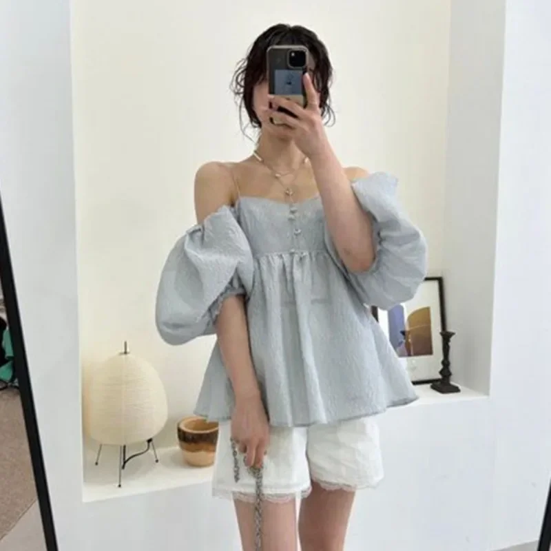 Kuzuwata Sweet Slash Neck Puff Sleeve All-match Shirt Off Shoulder Casual Sling Two Wear Blouses Japan New Jacquard Weave Blusas