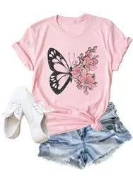 Camiseta con estampado de mariposa y flores para mujer, ropa de moda, camisetas de dibujos animados, camisetas de verano, camiseta estampada informal