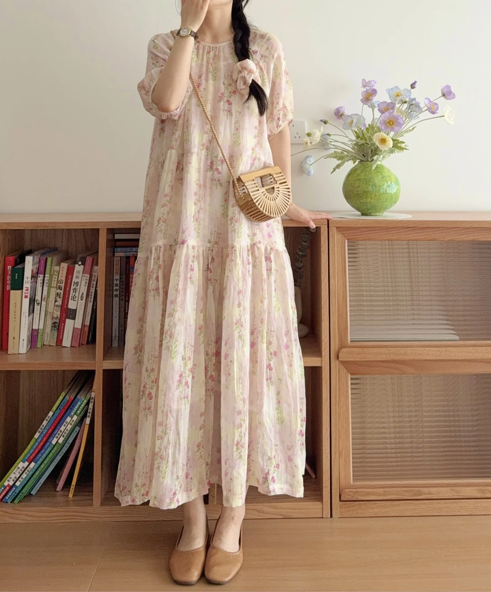 

Women Summer 2025 Cotton Linen Floral Dress Loose Thin Long Dress Boho Casual Beach