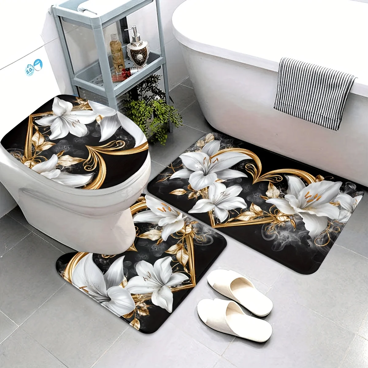 

Комплект из 3 предметов для ванной комнаты с цветочным принтом, полиэфирная ткань, которую можно стирать в машине, нескользящий коврик с чехлом на сиденье унитаза и U-образным ковриком.