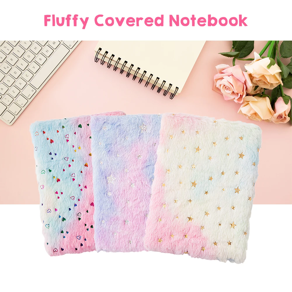 A5 Notebook Cute Plush Fluffy Covered Diary Notepad Gradient Colored Softcover A5 Lined 80 Pages Gift for Kids Birthday School