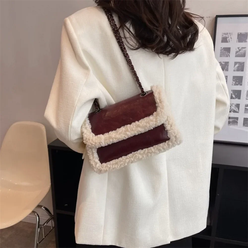 

Retro Chain Shoulder Bags for Women PU Leather Fleece Flap Handbag Tote Fashion Female Faux Suede Splicing Crossbody Bag 숄더백