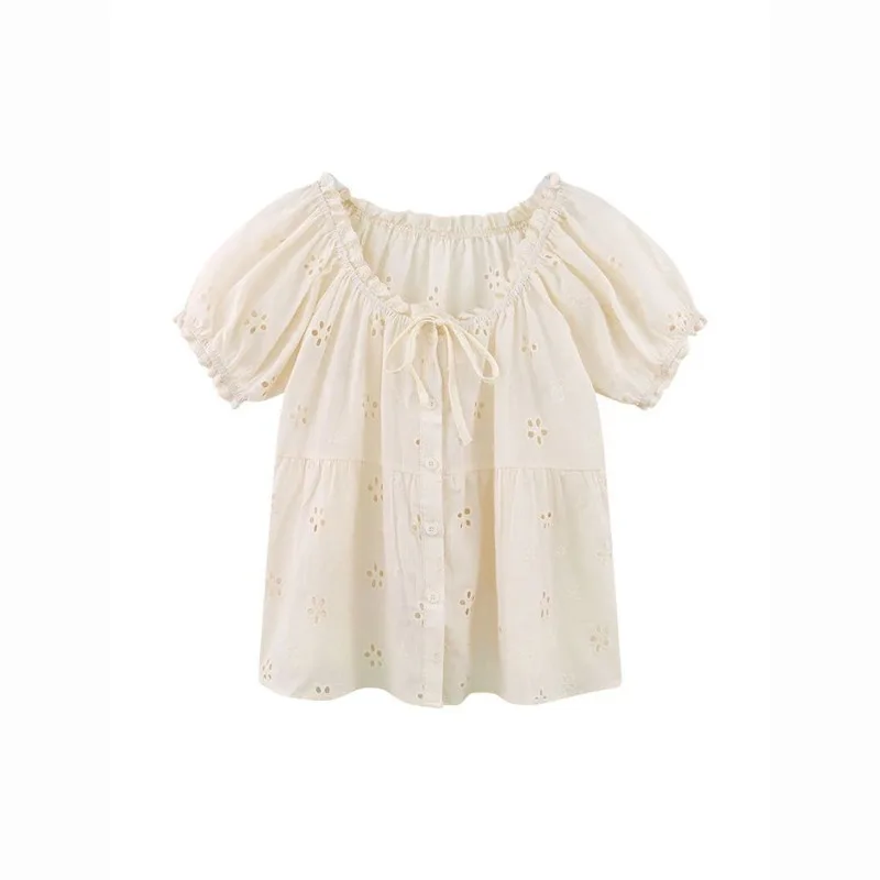 Chemises douces pour femmes, nœud en dentelle, Patchwork, manches courtes bouffantes, fleurs, col Slash, hauts courts amples, chemisier décontracté d'été