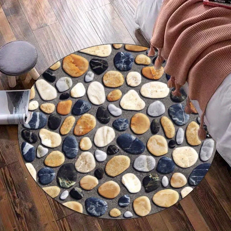 Stone Pebble Round Rug – Natural Rock Texture Non-Slip Area Carpet for Indoor Outdoor Garden Home Decor