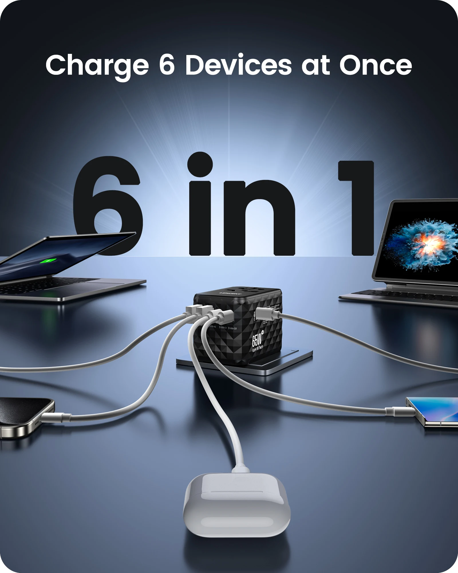 LENCENT 65 واط GaN محول السفر العالمي مع 2 USB-A + 3 نوع C شحن سريع محول الطاقة الاتحاد الأوروبي/المملكة المتحدة/الولايات المتحدة الأمريكية/الاتحاد الأفريقي التوصيل للسفر