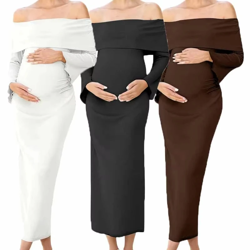 new-maternity-clothes-women's-off-the-shoulder-dress-spring-long-sleeved-pregnant-photo-solid-photography-outfit-fashion-dresses