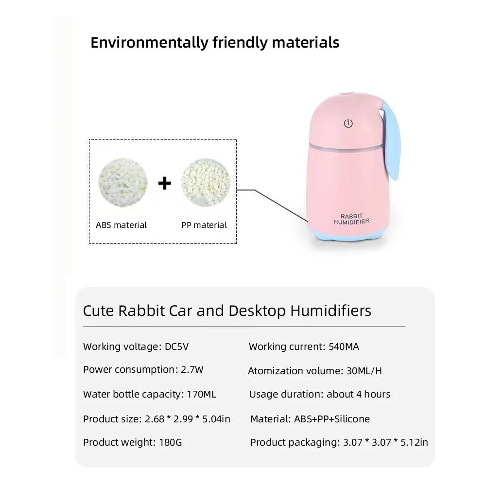 Mini Cute Rabbit Humidifier, Silent Design, Touch Control, Suitable for Office Desktop and Car Use