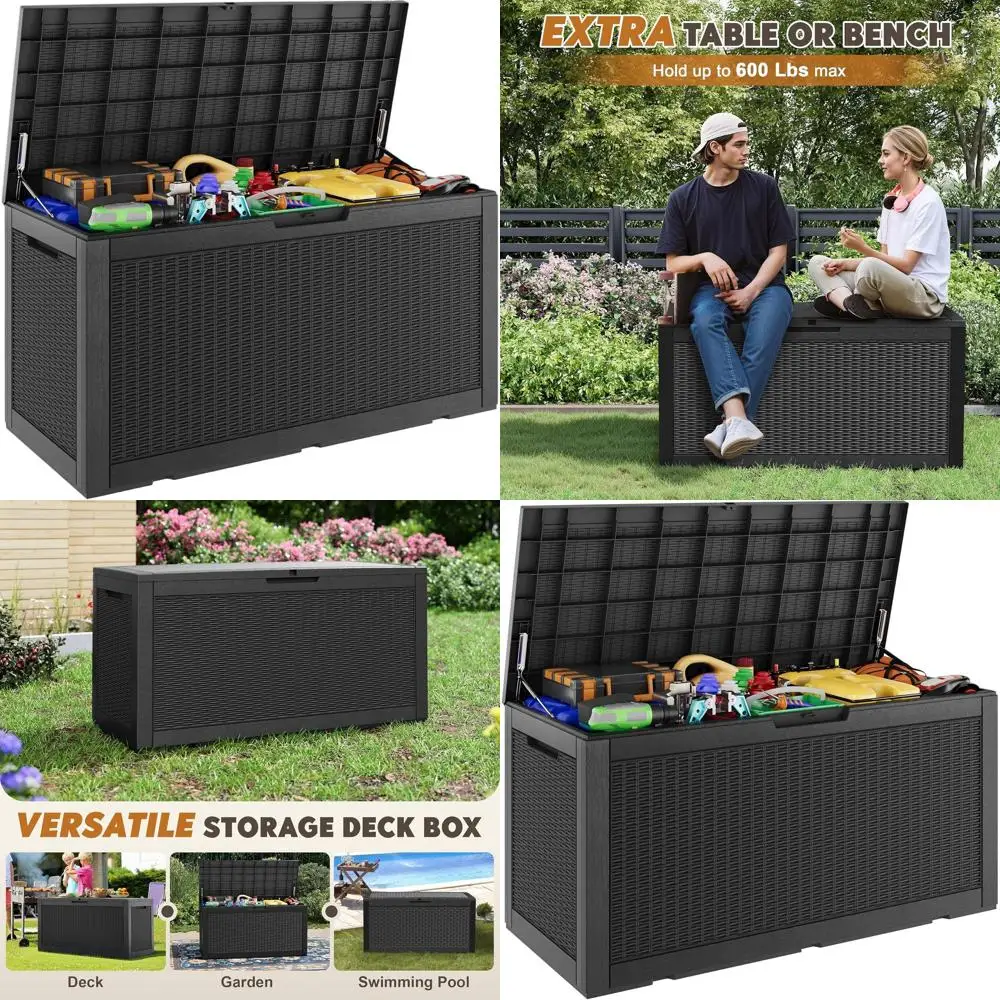 

Всепогодный ящик для хранения из полимерной смолы на 101 галлон с запирающейся крышкой для использования в помещении и на улице - черный