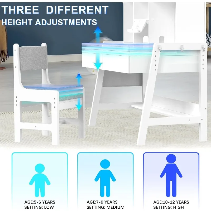 GDLF Kids Study Desk and Chair Set, Adjustable Children Study Table with Chair, Kids Wooden Desk with Hutch, Drawers, Book Stand view 5