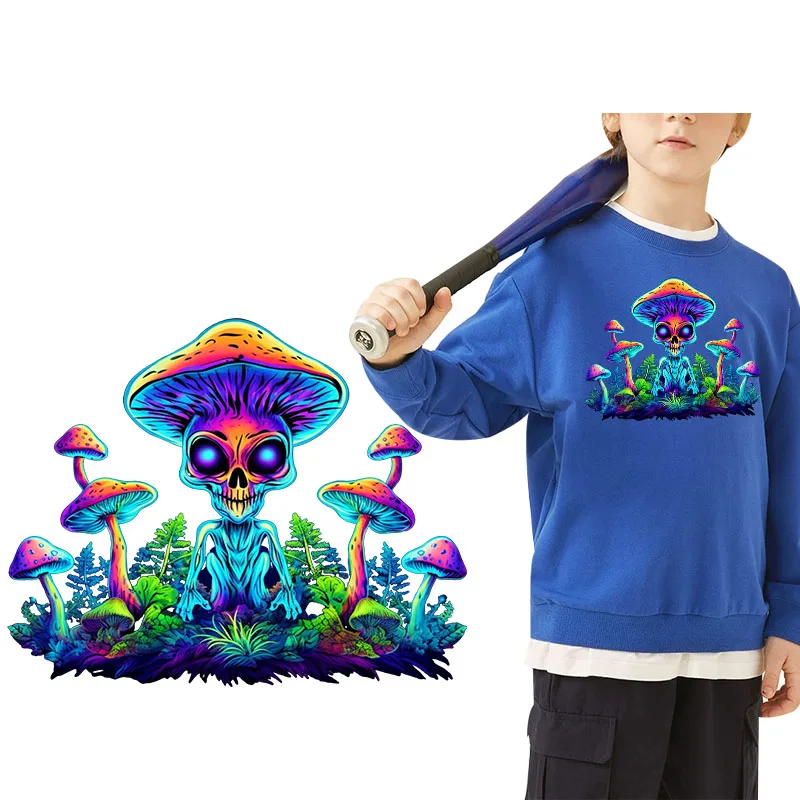 Latest Design Fluorescent Mushroom Alien iron on transfer for clothing dtf transfers ready to press Heat Transfer Printing