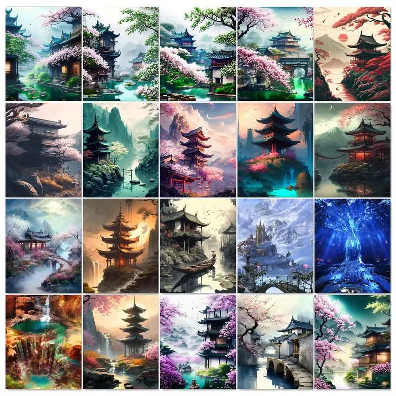 SDOYUNO Frame Painting By Numbers Kits Sakura Pagoda Landscape Modern Drawing Coloring By Numbers Acrylic Paint For Home Decor