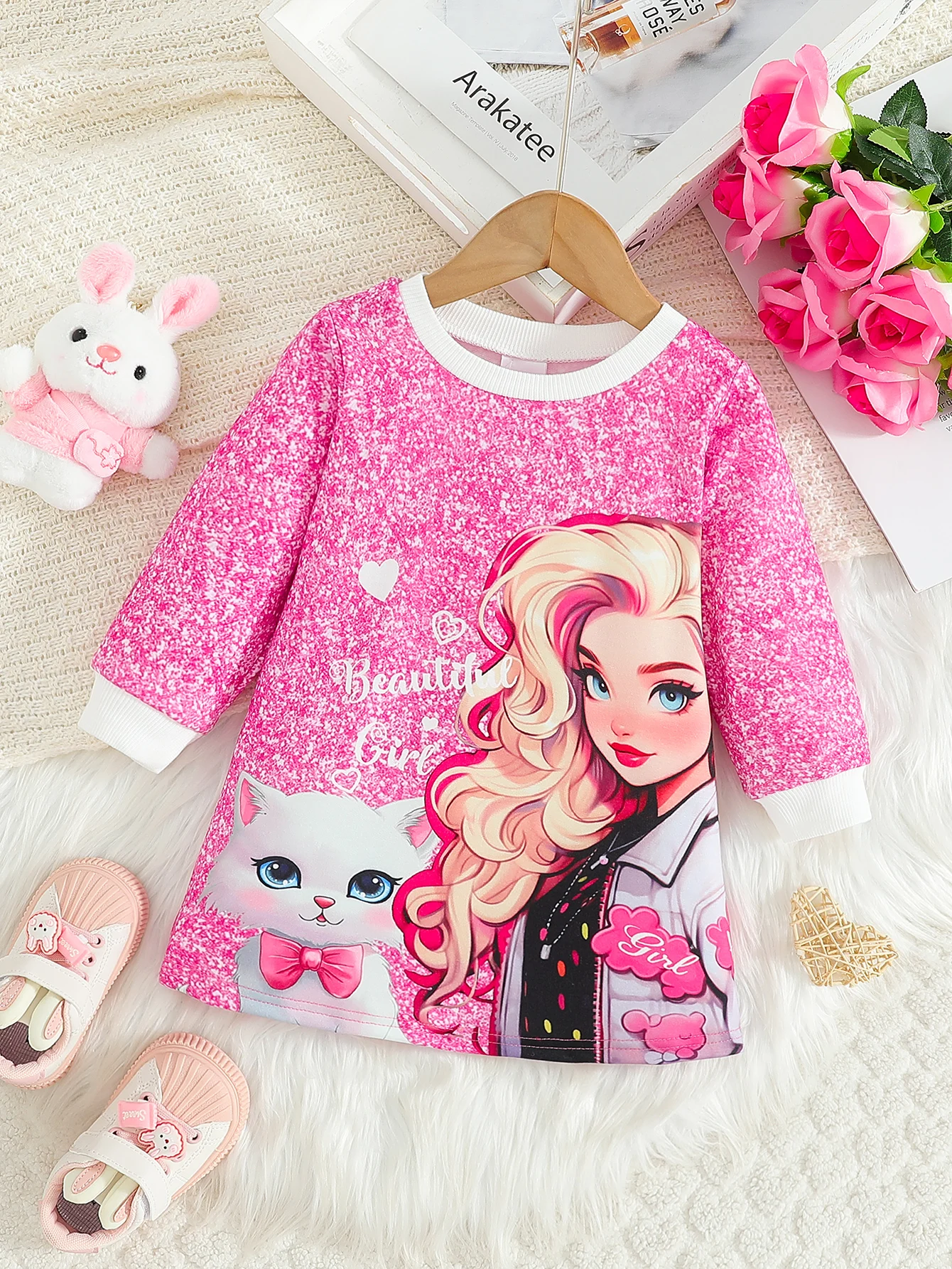 Neugeborenes Baby, Mädchen, langärmelig, Rundhalsausschnitt, niedliche Katze, Anime-Druck, modisches und einfaches Kleid