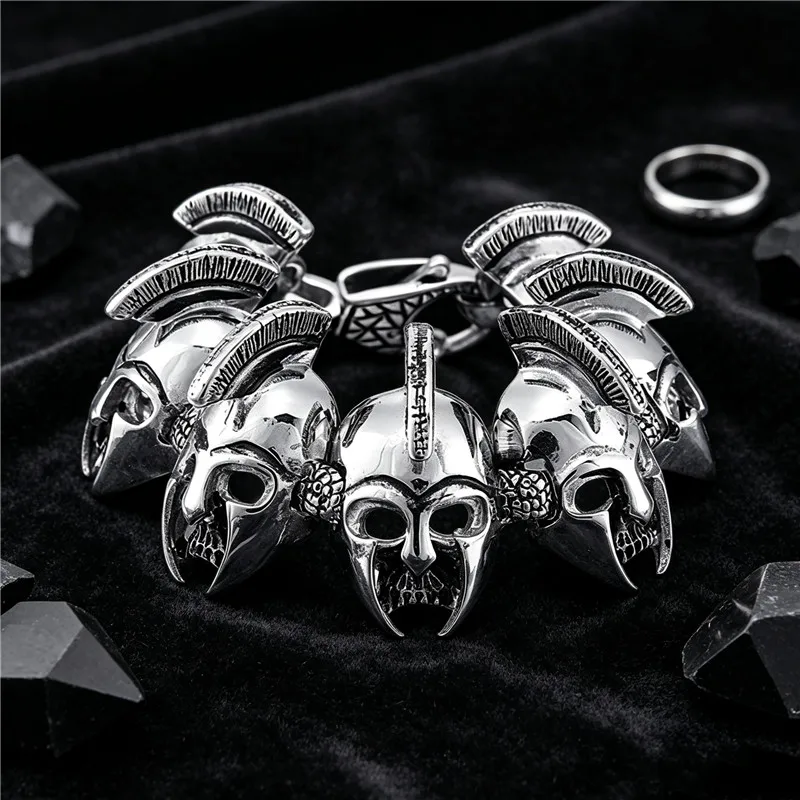 Stainless Steel Men Spartan Warrior Skull Bracelet Antique Helmet Gothic Biker Punk Heavy Metal Wrist Jewelry