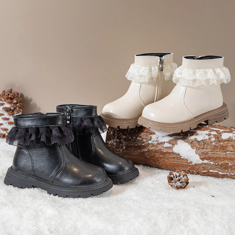

Girls Short Boots Lace Kids Fashion Princess Boots Lightweight Non-slip Children Warm Leather Boots Side Zipper Winter New
