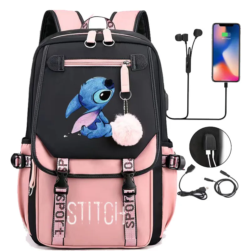 Lilo Stitch Backpacks USB Cartoon Purple Printed Boys Girls School Bag Students Bookbag Teens Women Mochila Escolar Niña