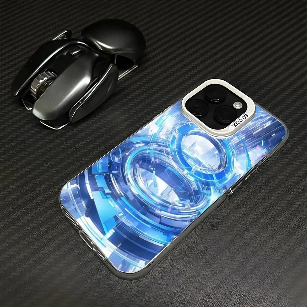 حافظة هاتف معمارية الخيال العلمي باللونين الأزرق والأبيض لهواتف iPhone 16,15,14,13,12,11,Mini,Pro,MAX غطاء أبيض غير لامع مقاوم للصدمات