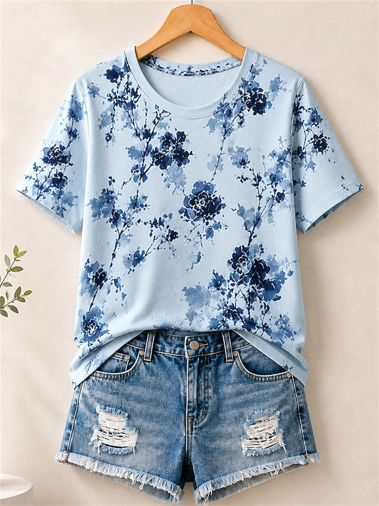 Women's Simple Floral Short-Sleeve T-Shirt Elegant Round-Neck Printed T-Shirt with A Relaxed Fit for A Casual Yet Elegant Look